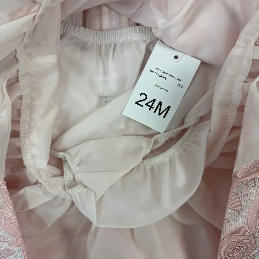 Bonnie Baby Girls‎ Pink Brocade Rose Floral Bow Dress Set 24M